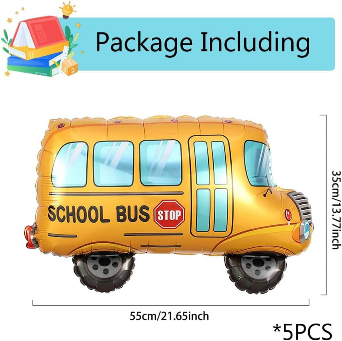 Yellow school bus balloon with blue windows and stop sign; 55 cm size
