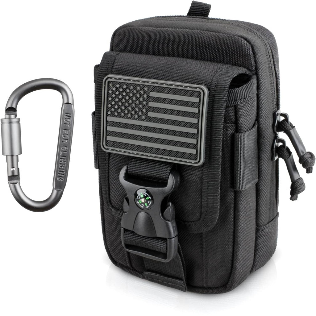 Black tactical phone pouch with front elastic strap and carabiner attachment hook