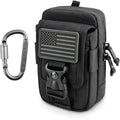 Black tactical phone pouch with front elastic strap and carabiner attachment hook