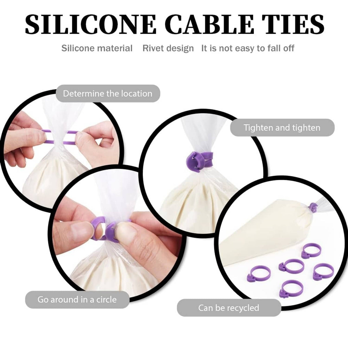 Purple silicone cable ties set with fastening loops, hands shown securing a bundle