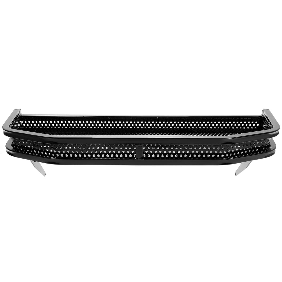 Black perforated front basket with mounting tabs and bracket supports