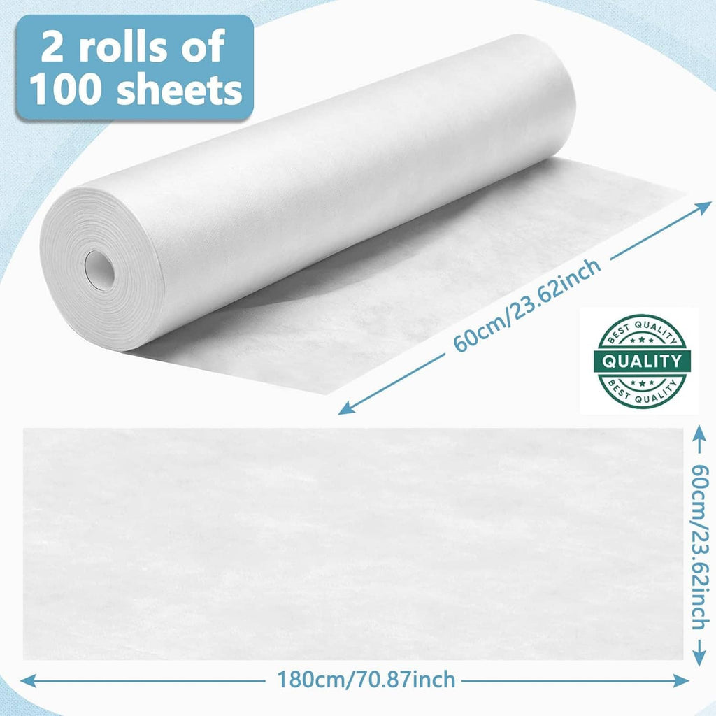 White non-woven massage table paper cover rolls with laid-out sheet and measurement arrows