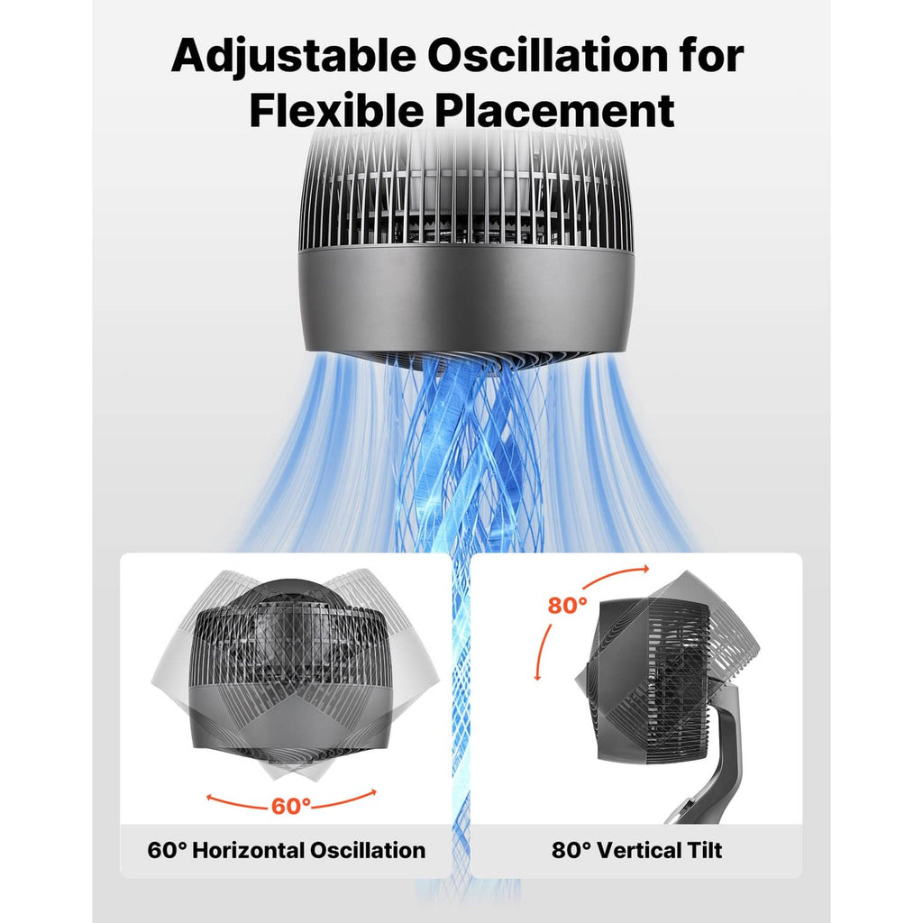 9-inch pedestal fan with adjustable oscillation head and airflow stream graphic