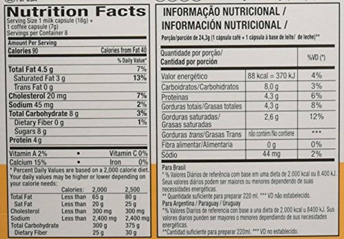 Coffee pods Nutrition Facts label with serving size and daily values panel