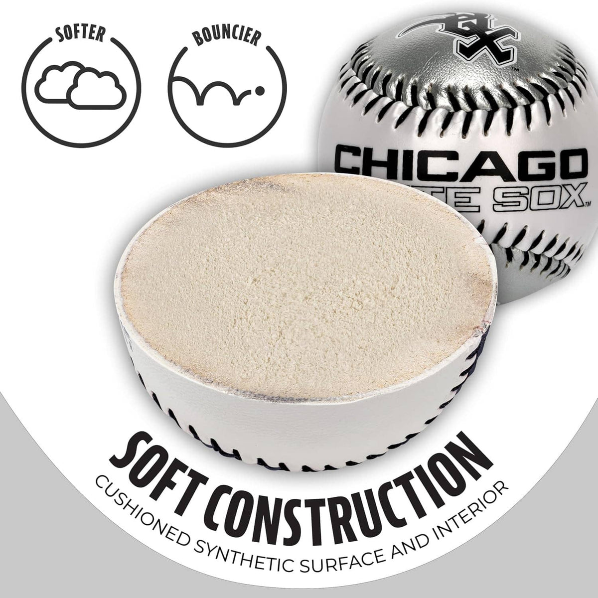 Soft cushioned construction baseball with visible foam interior and stitched cover