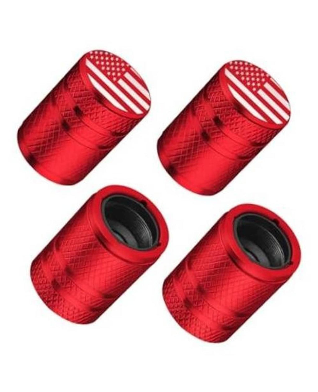 Red aluminum tire valve stem cap set with American flag top and black inner liner