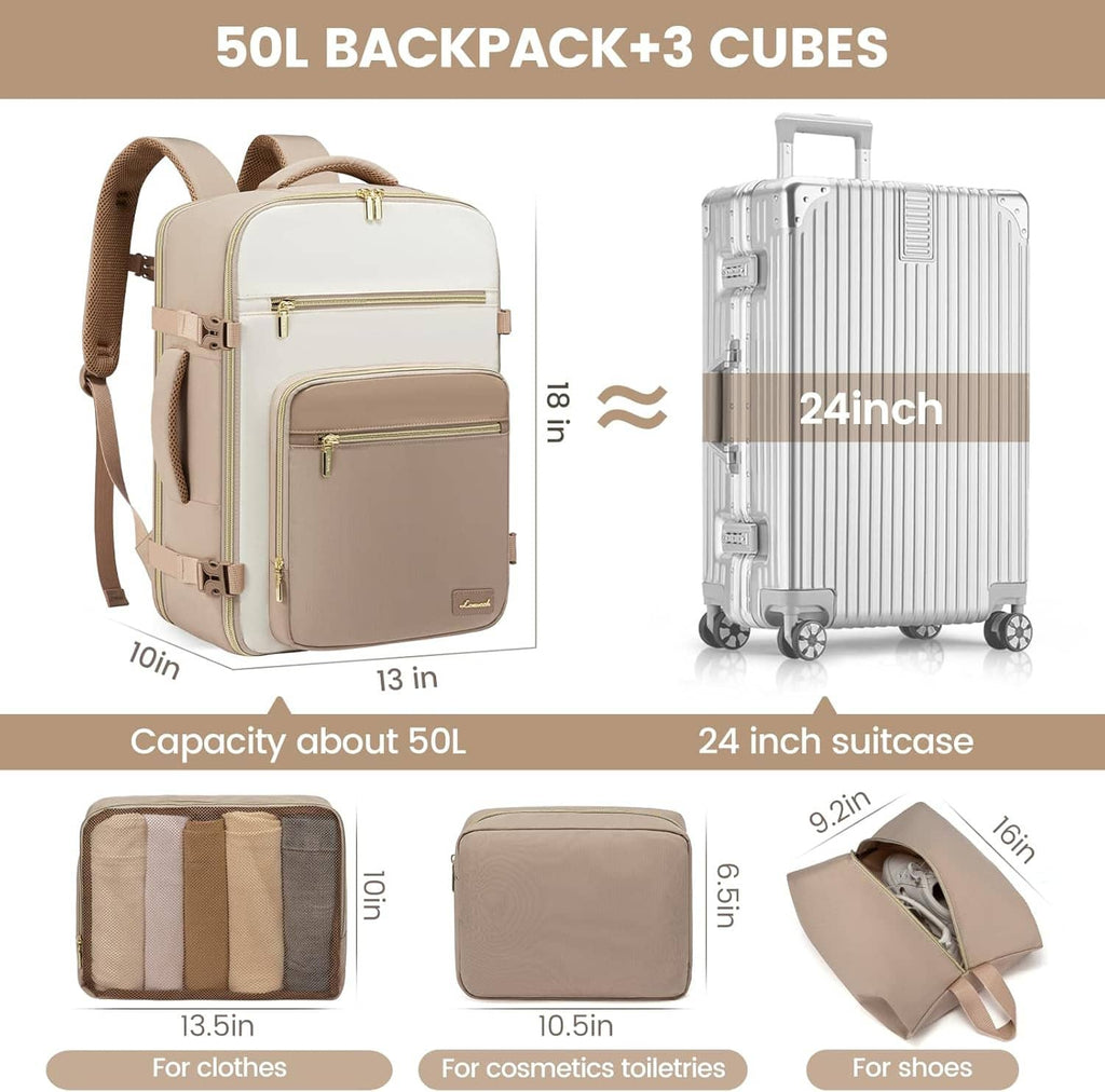 Beige travel backpack with matching packing cubes for clothes, cosmetics, and shoes