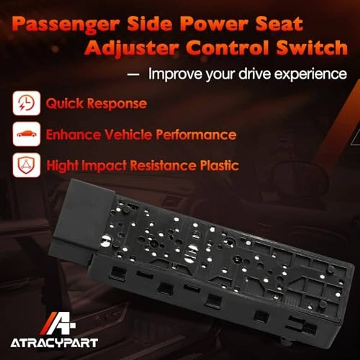 Back side of power seat control switch with circuit contact holes and black mounting frame