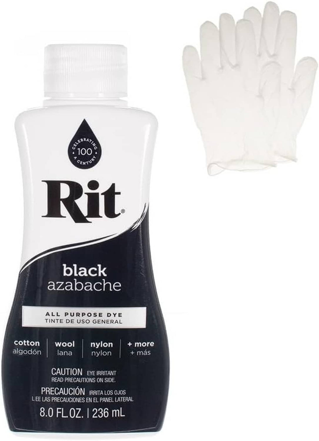 All-purpose liquid fabric dye bottle, black azabache, 8 fl oz, shown with gloves