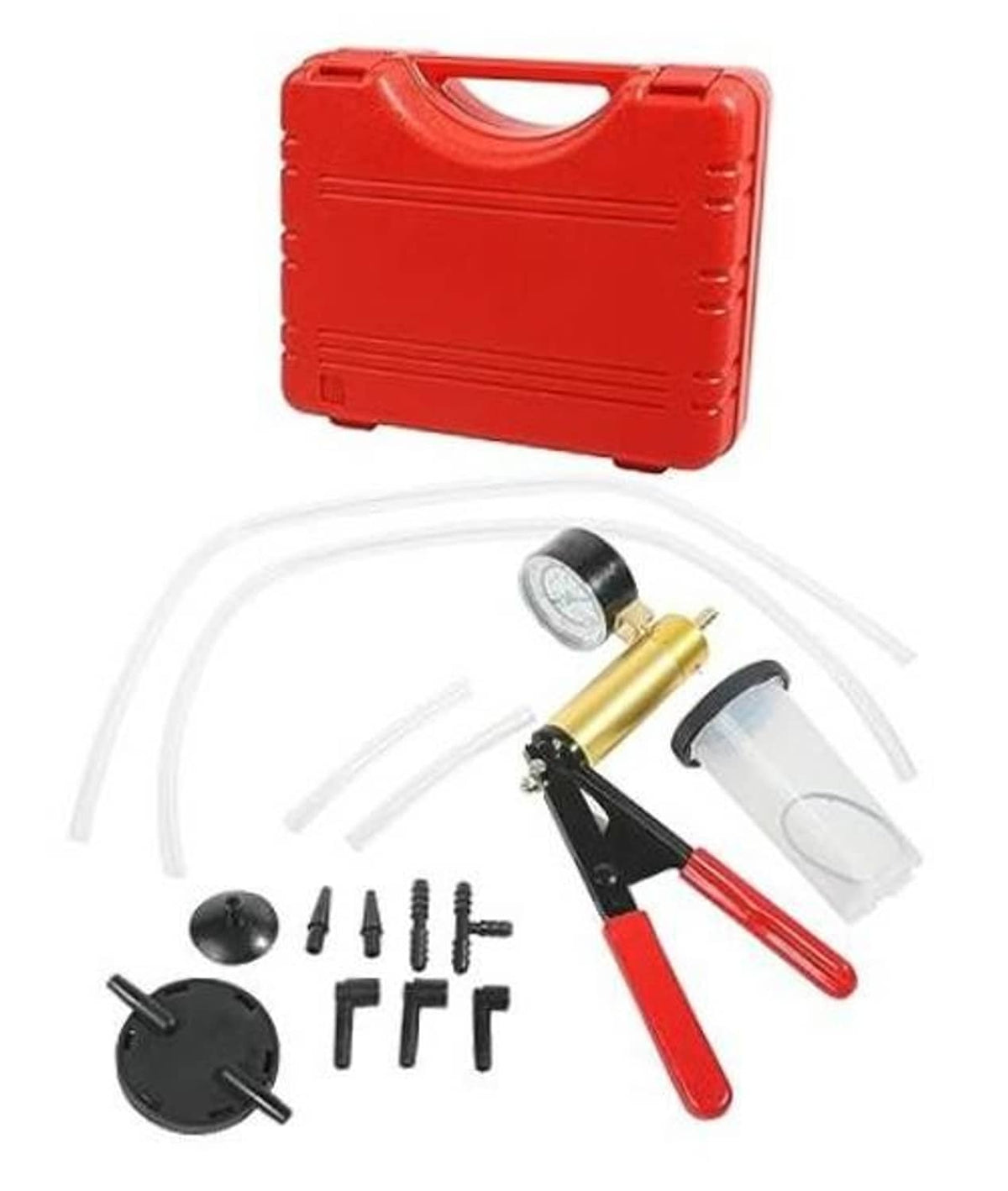 Brake bleeder vacuum pump kit with red case, tubing, adapters, and hand pump