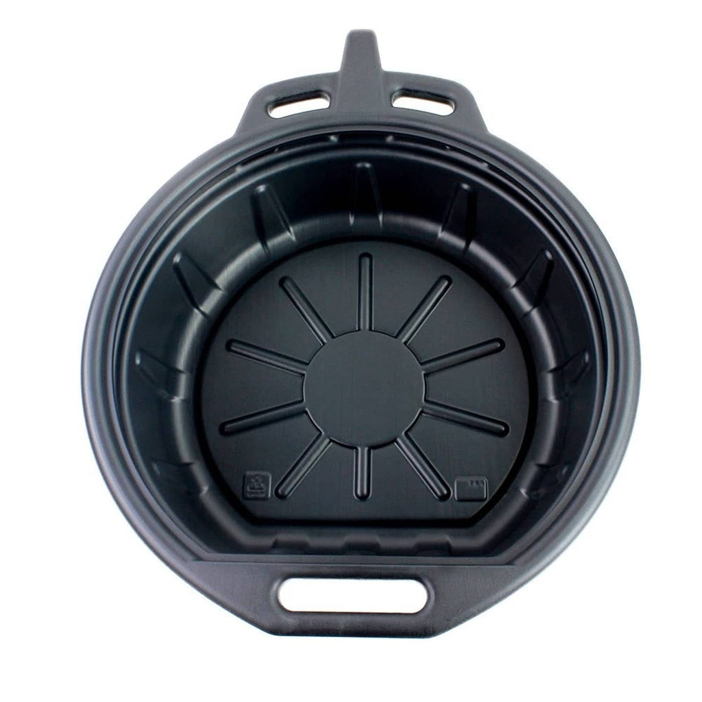 Circular oil drain pan top with radial channels and two carry loops