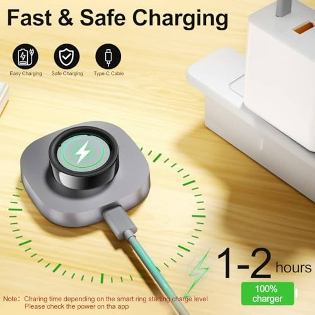 Charging dock with ring cradle and green charging status light, USB-C cable
