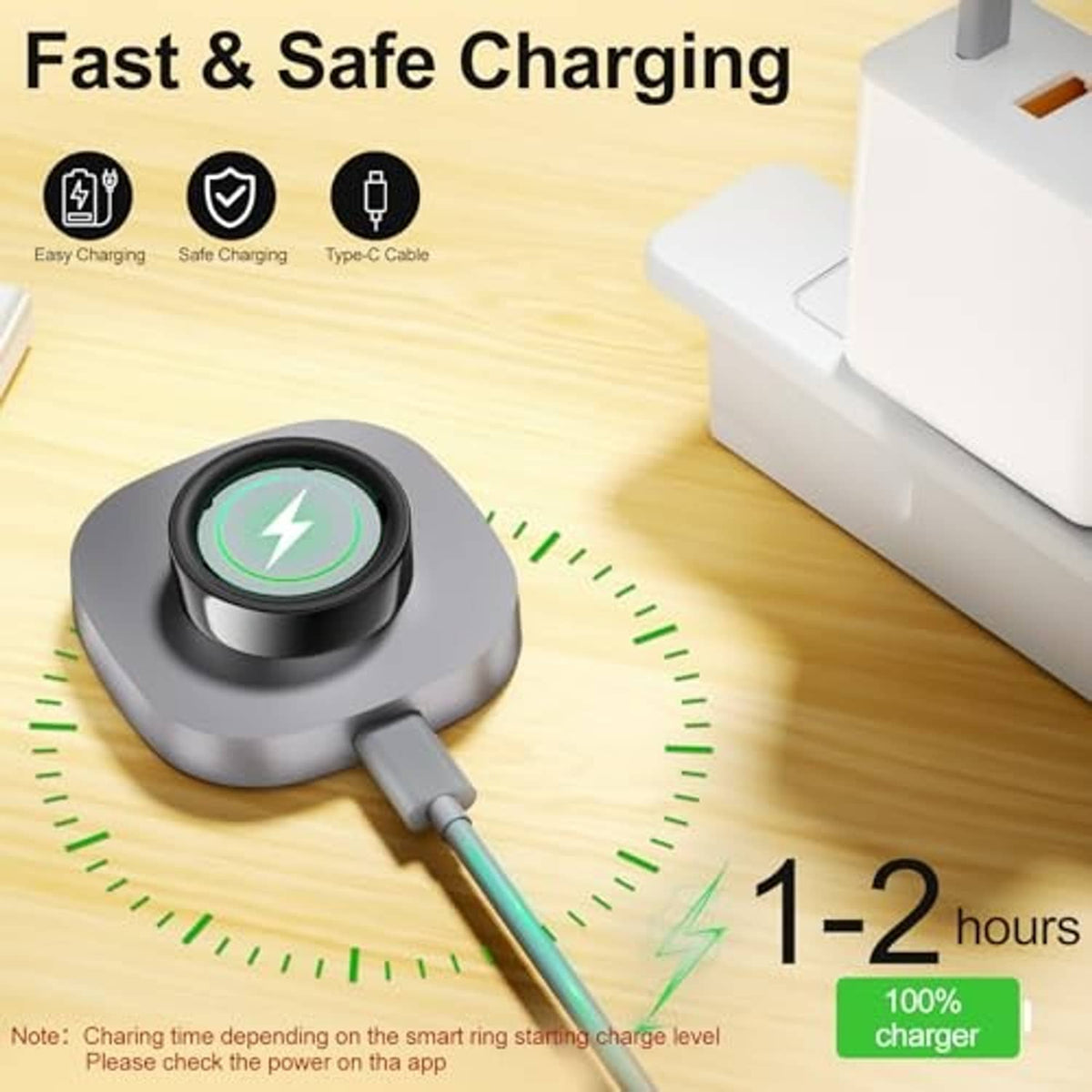 Charging dock with ring cradle and green charging status light, USB-C cable