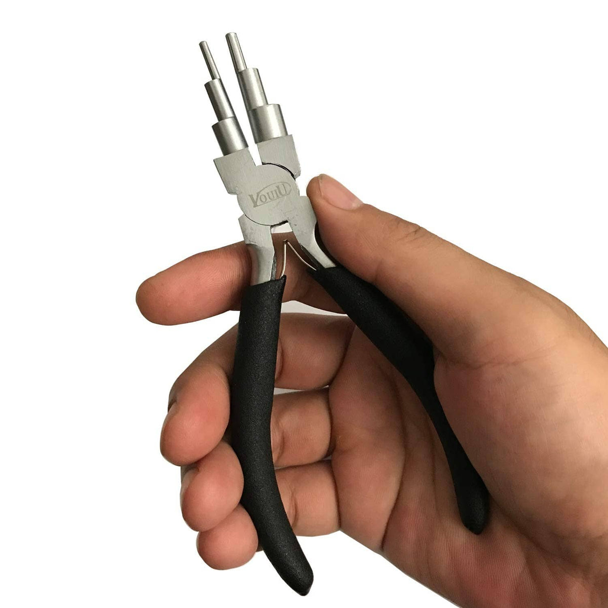 Black 6-step bail making pliers held in hand, metal forming tips