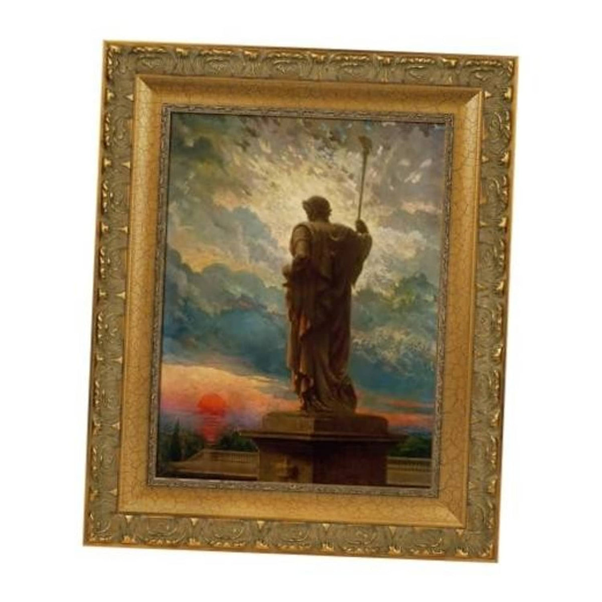 Ornate vintage gold picture frame with carved edges and inner border, holding classical painting