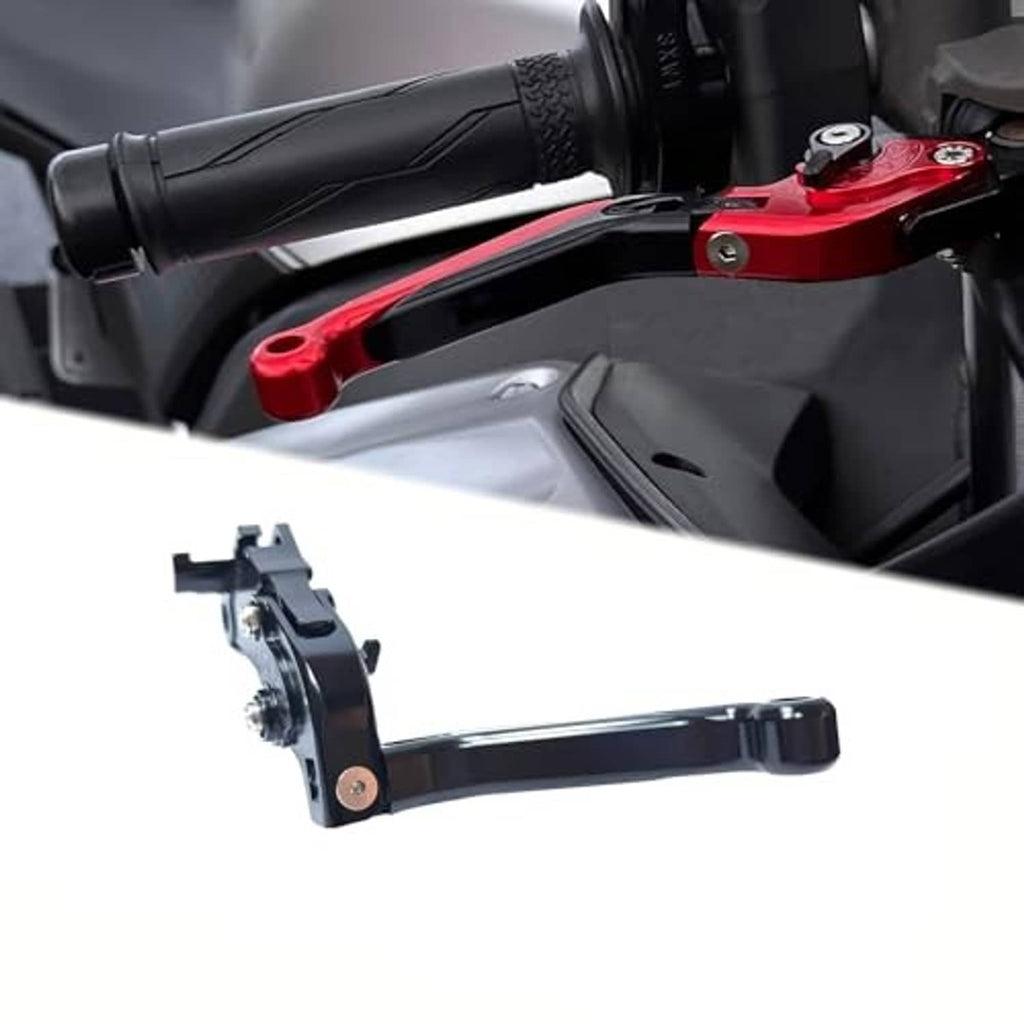 Handlebar-mounted black brake clutch lever with red clamp and textured rubber grip.