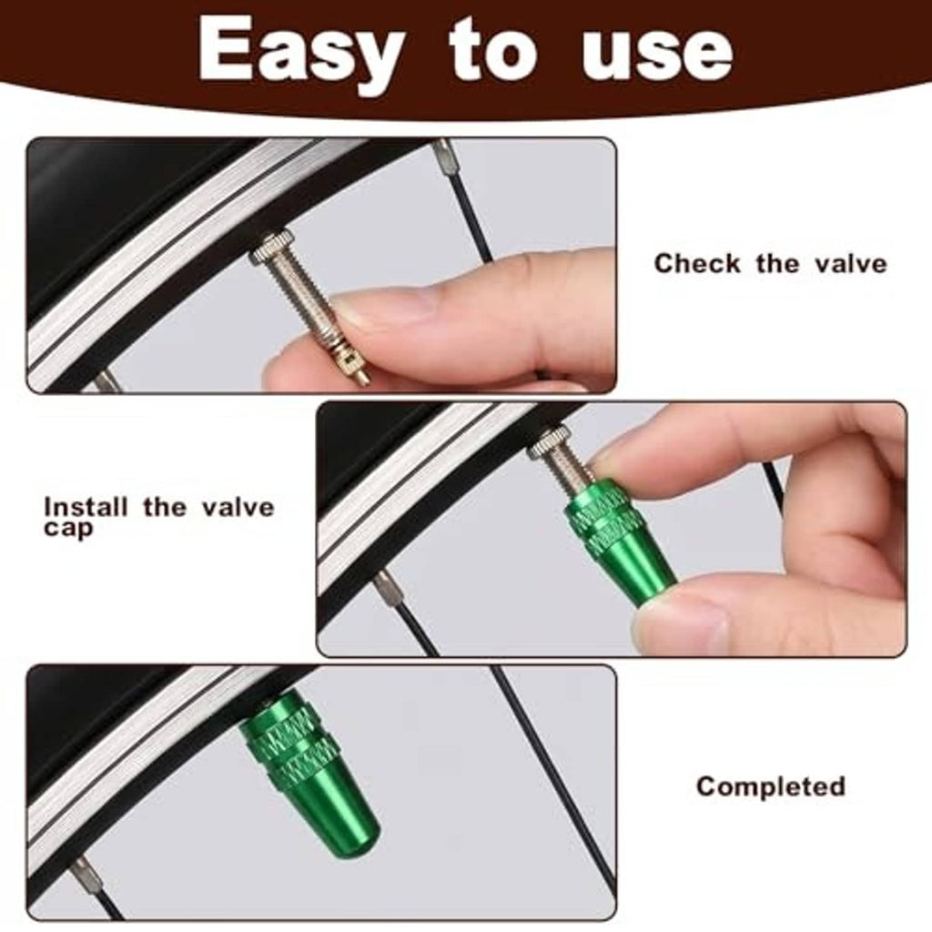 Green aluminum Presta valve cap installed on a bicycle valve stem; hands shown