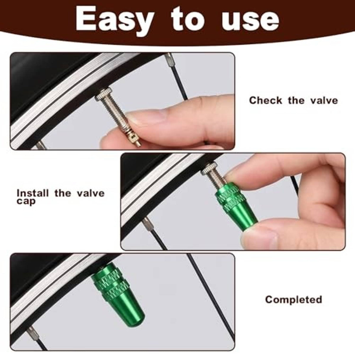 Green aluminum Presta valve cap installed on a bicycle valve stem; hands shown