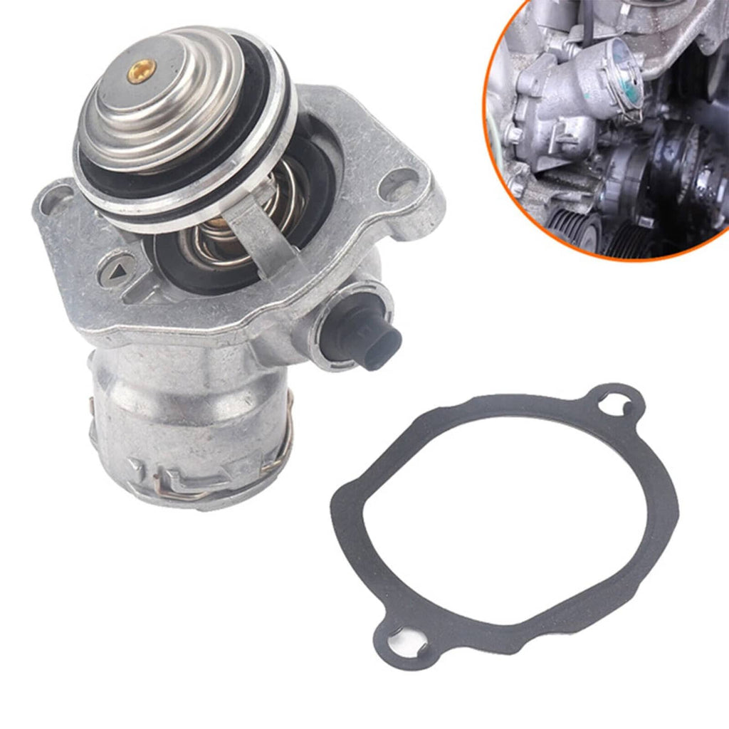 Engine coolant thermostat assembly with sensor; metal body, spring thermostat, rubber gasket