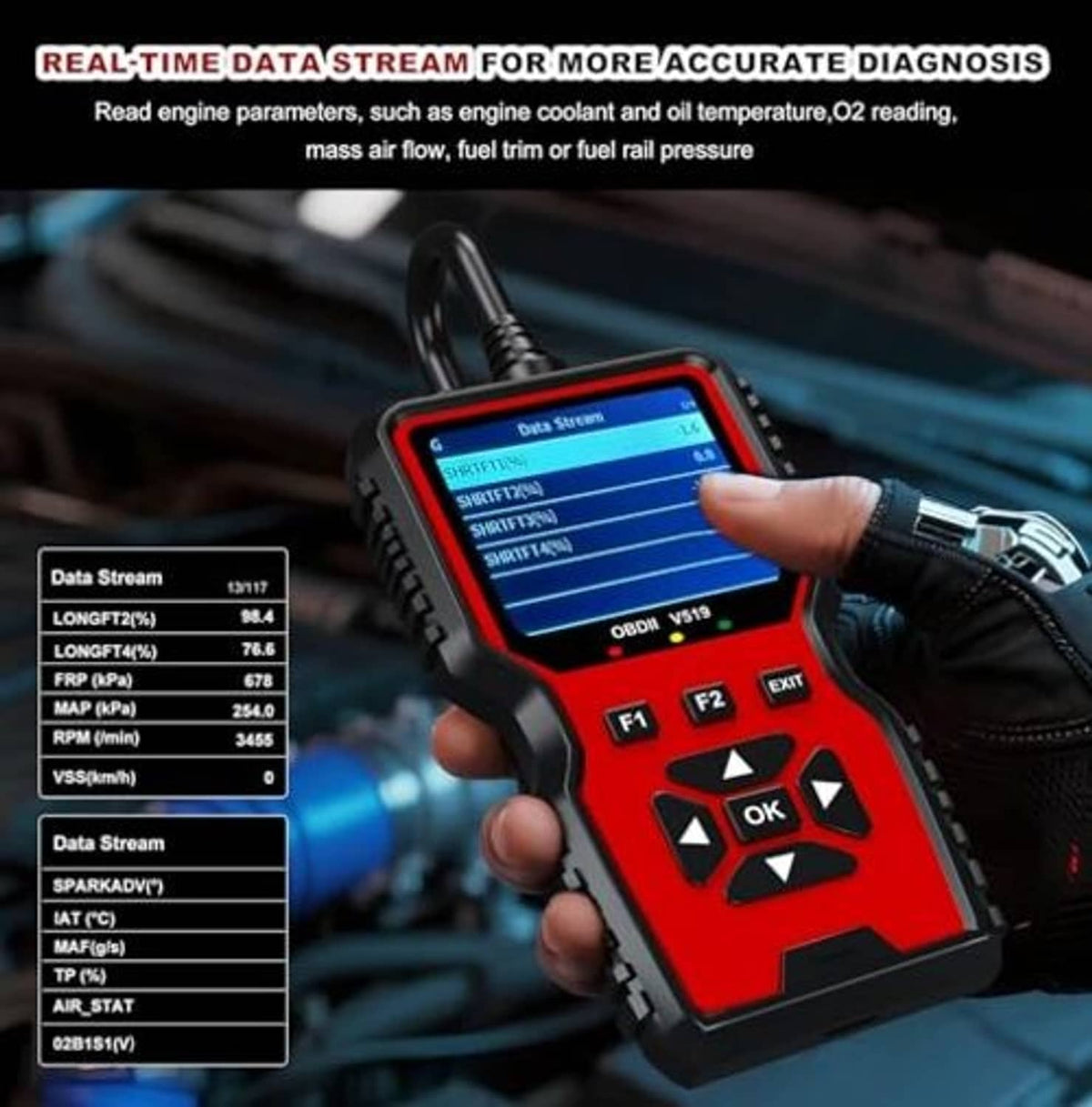 Red and black handheld OBD2 diagnostic scanner with display screen and button controls.