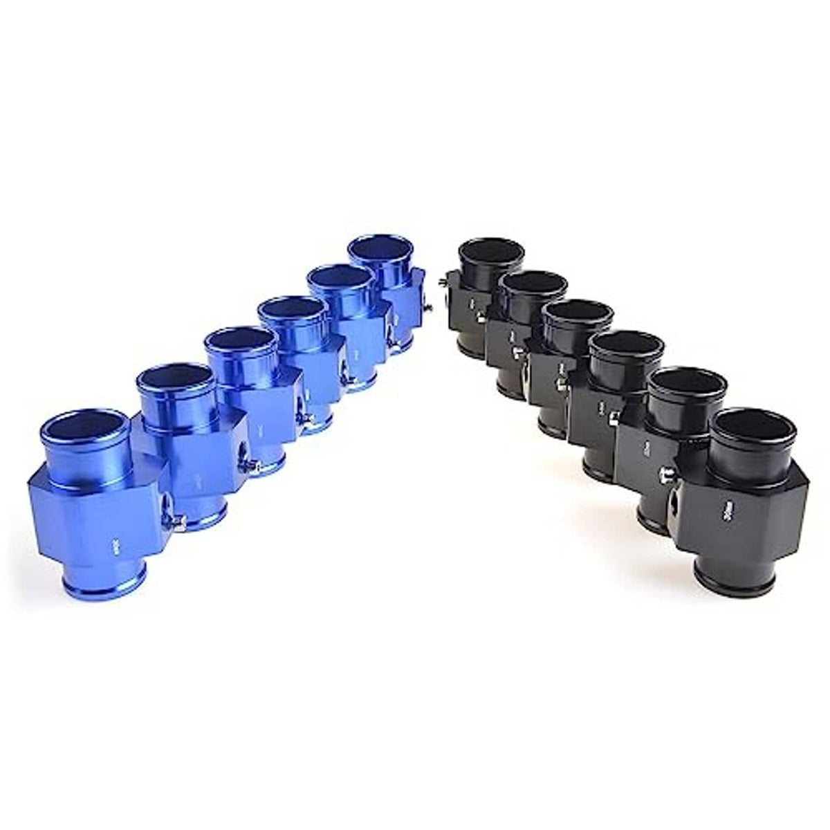 Water temperature gauge joint pipes in black and blue with threaded ports