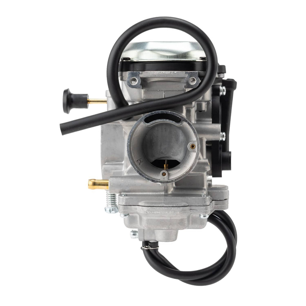 Carburetor angled front view with intake port and black rubber fuel hose