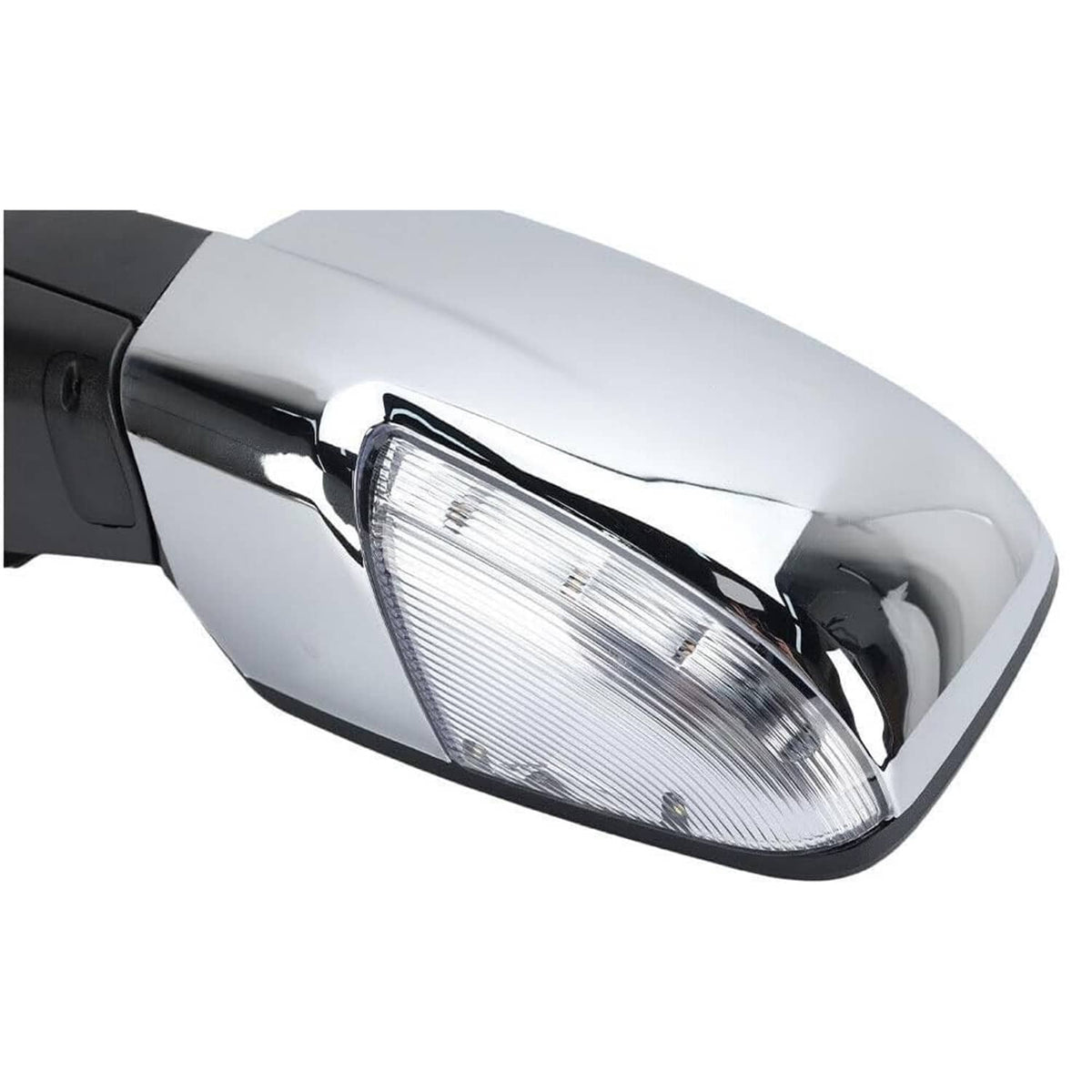 Chrome power-fold side mirror with clear turn-signal lens and black housing, heated-ready