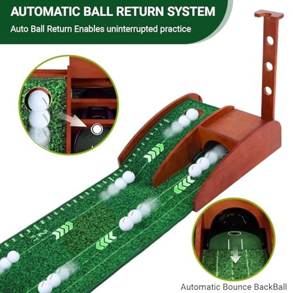 Auto ball return golf putting mat with green turf lane, ball path and wooden housing
