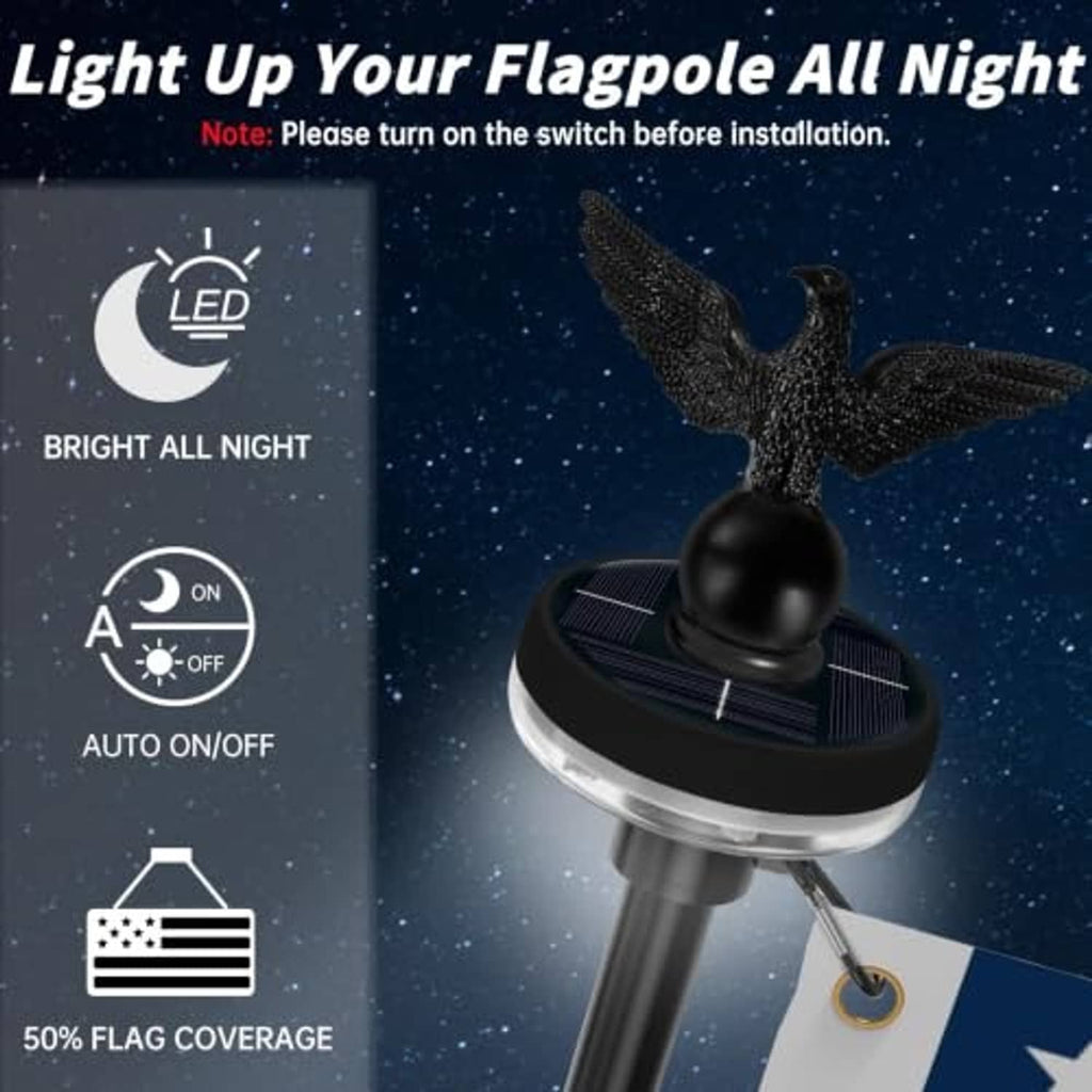 Black solar LED flagpole topper with bird finial and circular solar panel base