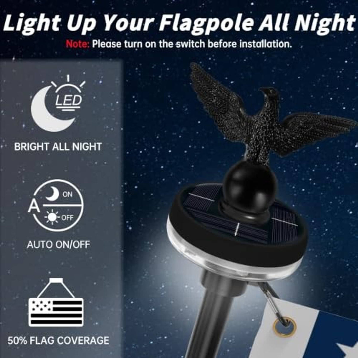 Black solar LED flagpole topper with bird finial and circular solar panel base