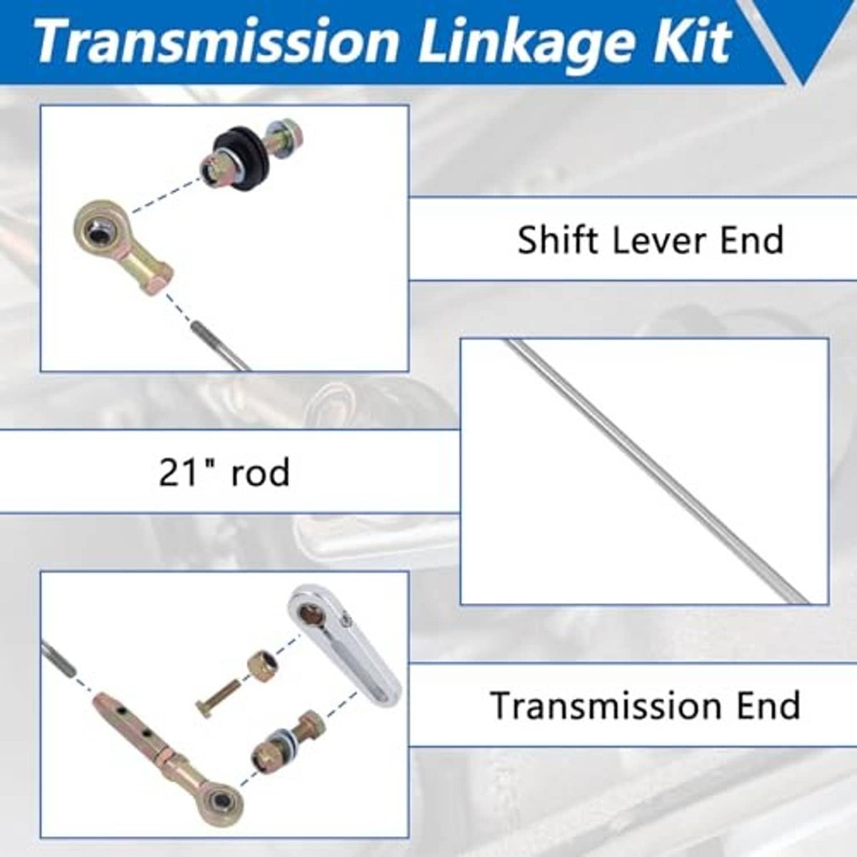 Transmission linkage kit showing 21 in rod and shift lever end hardware