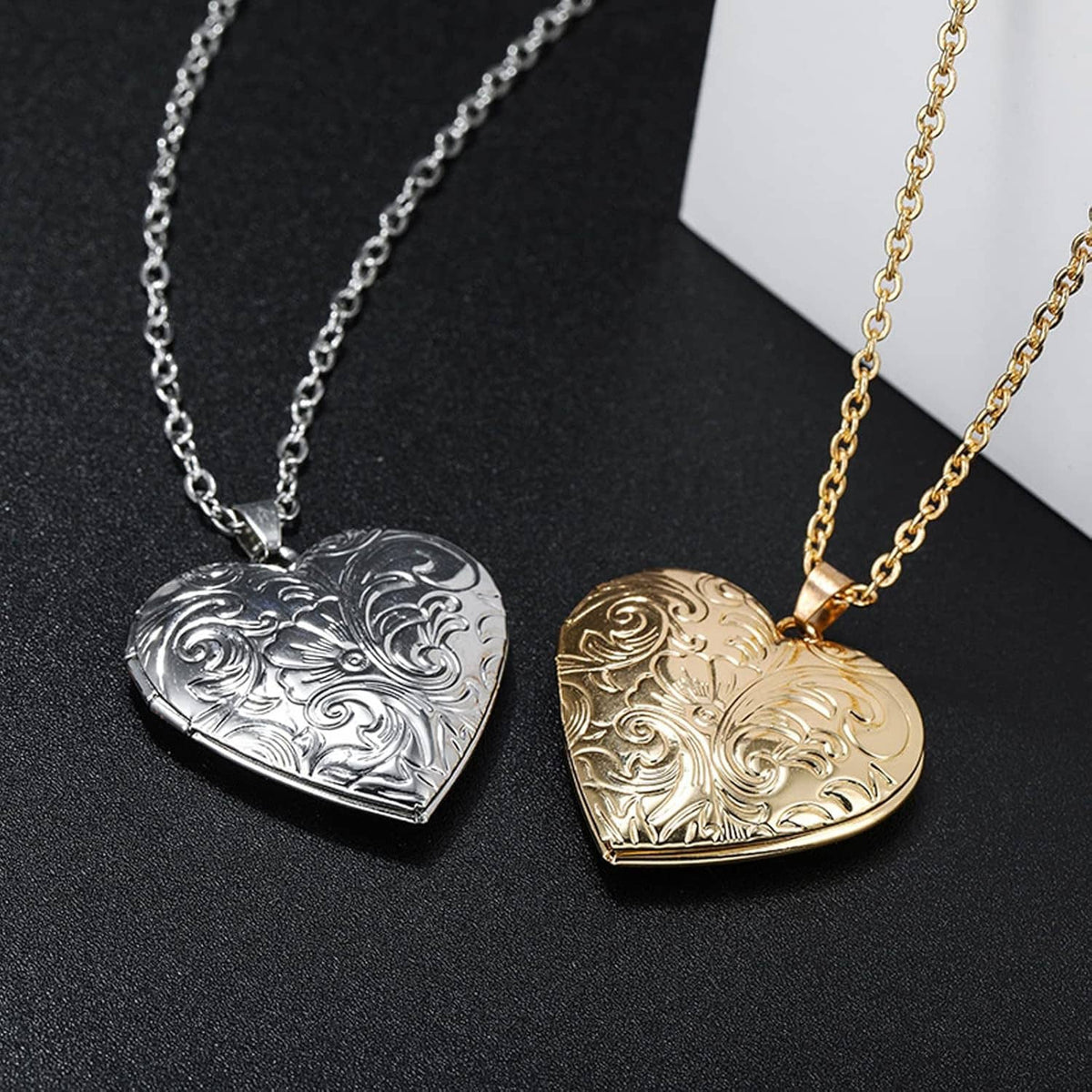 Engraved heart photo lockets in silver and gold on matching link chains