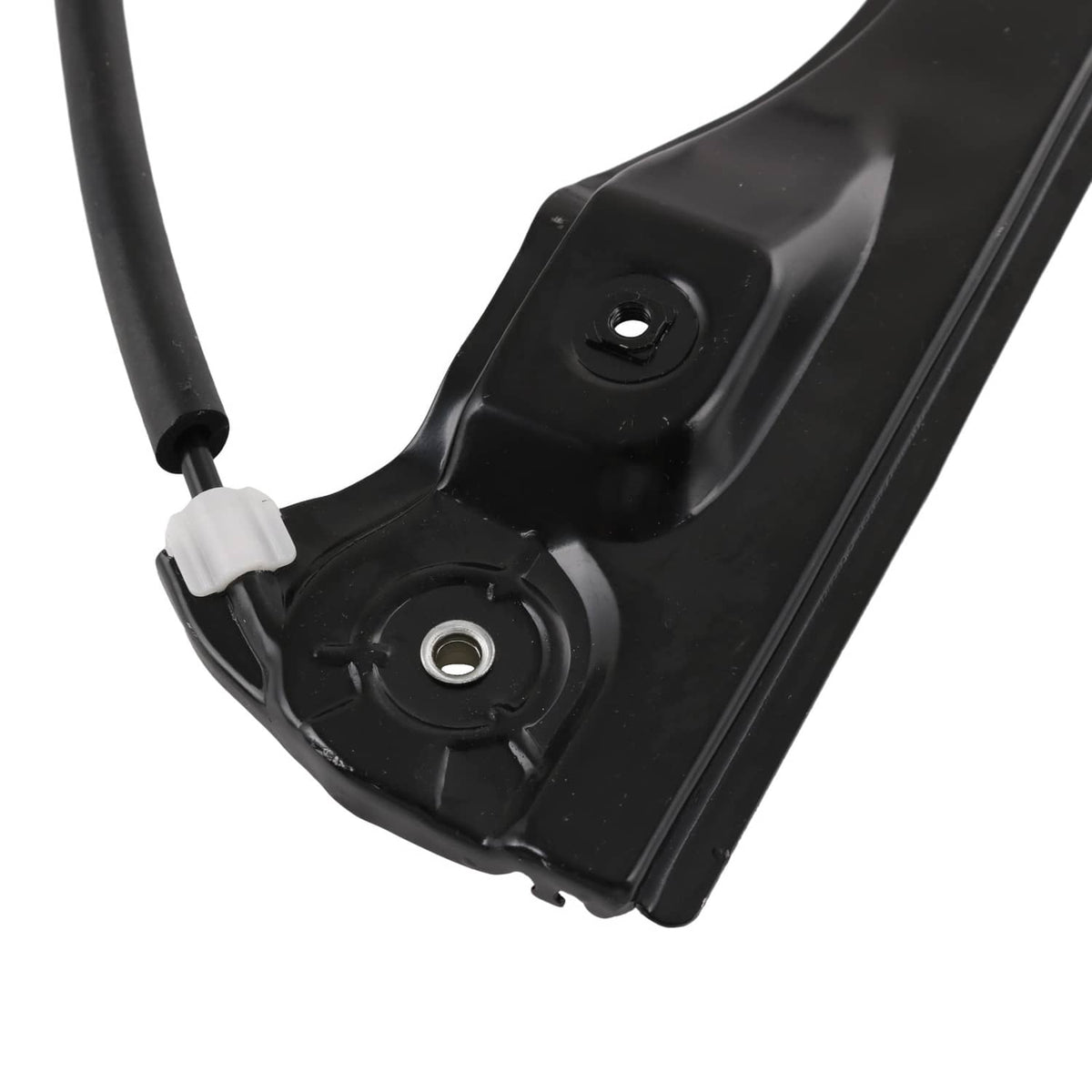 Black window regulator track bracket with mounting hole and white clip