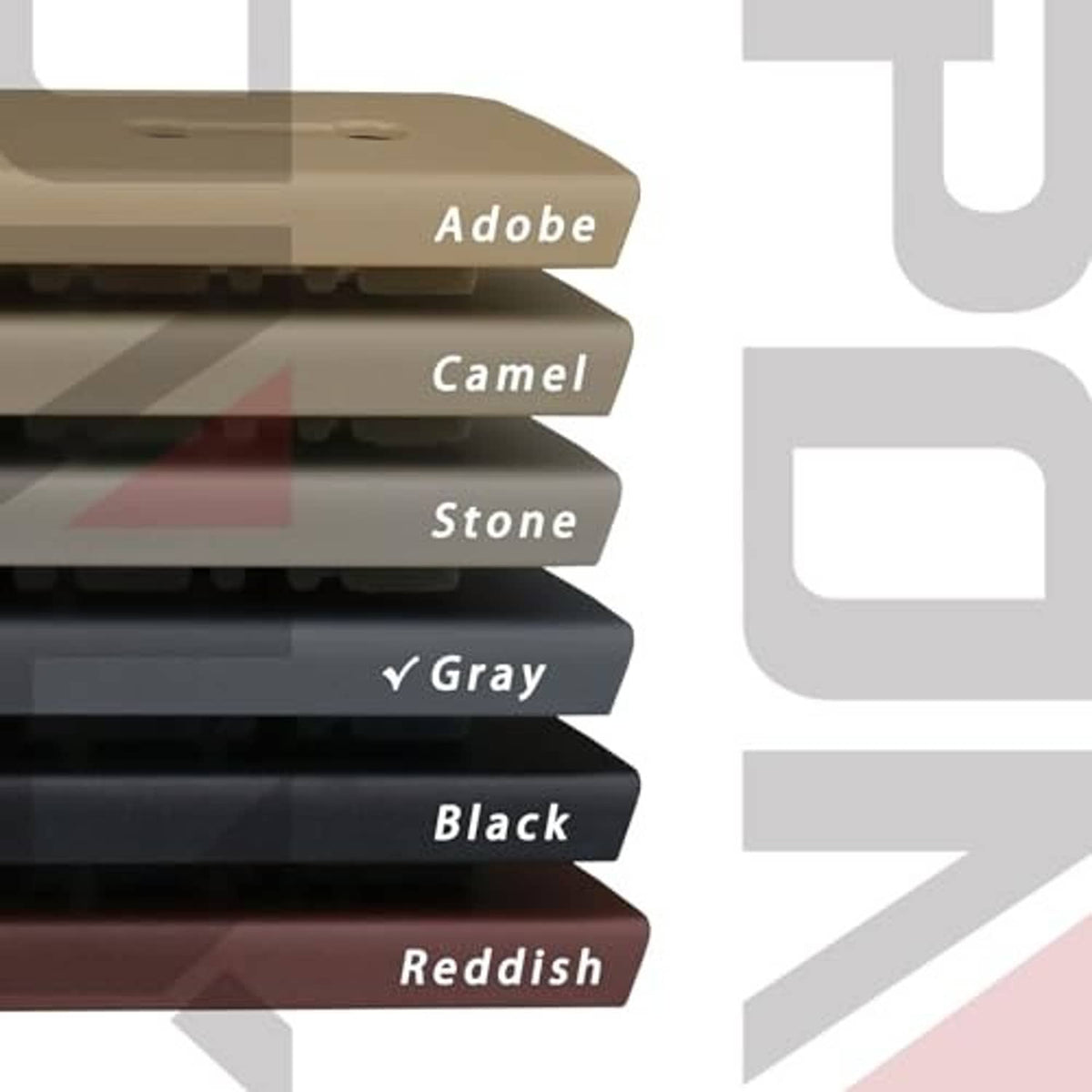 Seat trim cover color swatches, including gray, black, stone, camel, reddish, and Adobe