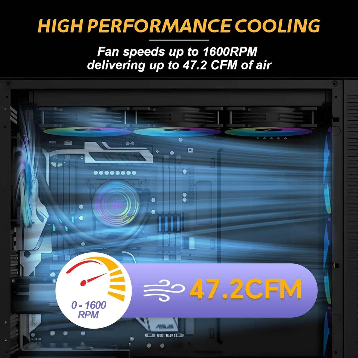 120mm ARGB PWM case fan with multicolor LED blades on a black frame