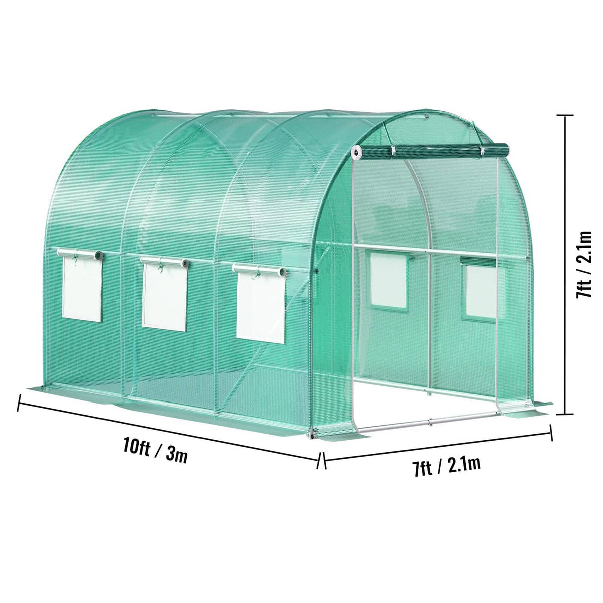 Green walk-in tunnel greenhouse with clear plastic film, side curtains, and arched frame