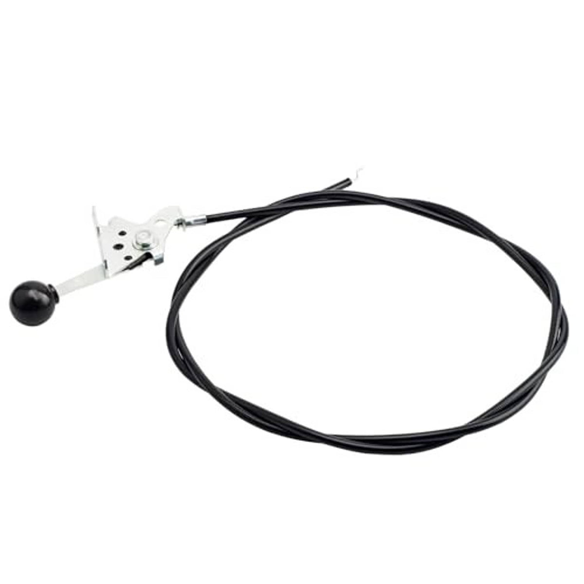 Lawn mower throttle control cable loop with black housing and white mounting bracket