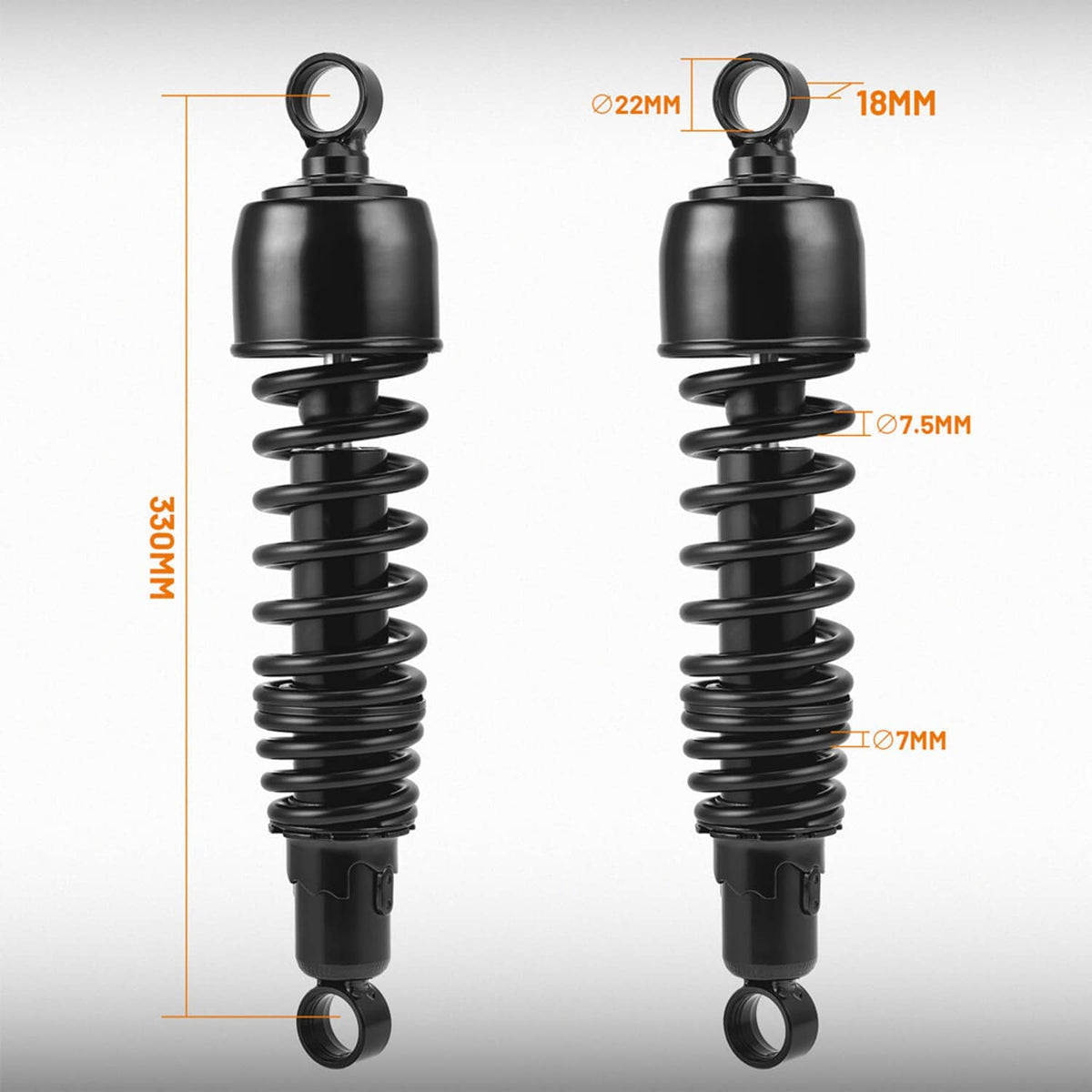 Pair of black rear shock absorbers with coil springs, shown with size guide lines