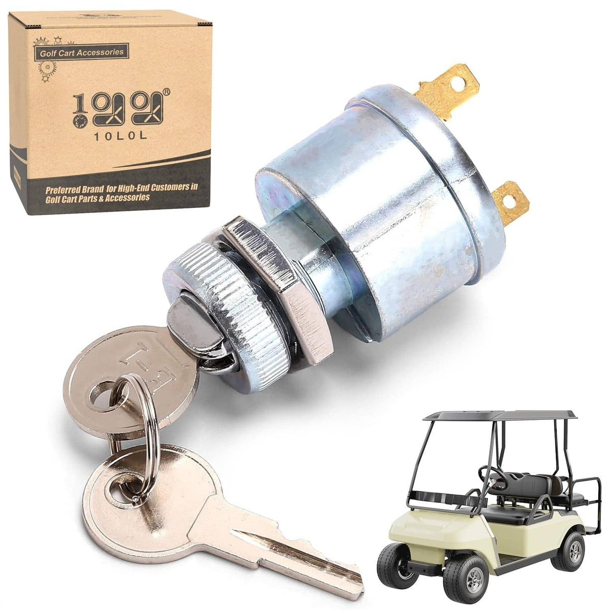 Golf cart ignition key switch with two keys and metal housing, in retail box.
