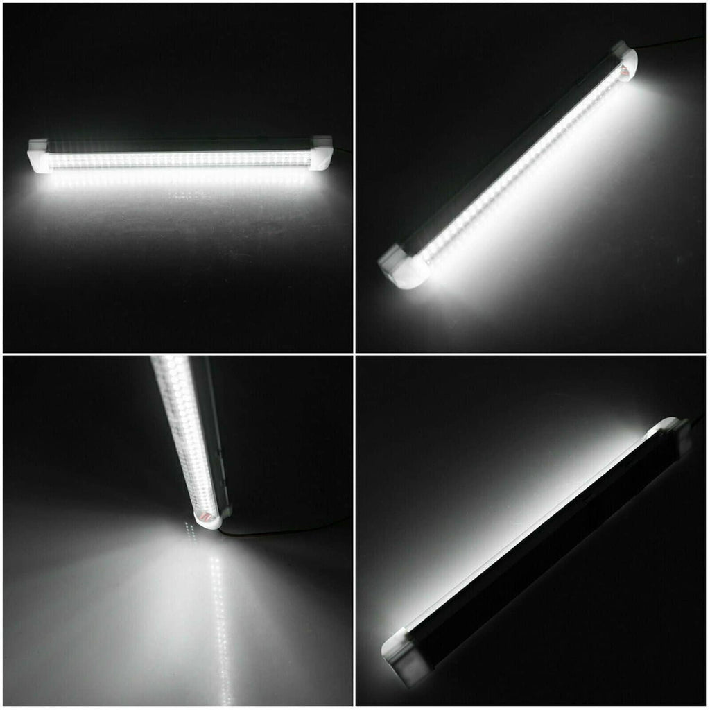 White LED light bar glowing, shown from multiple angles in close-up