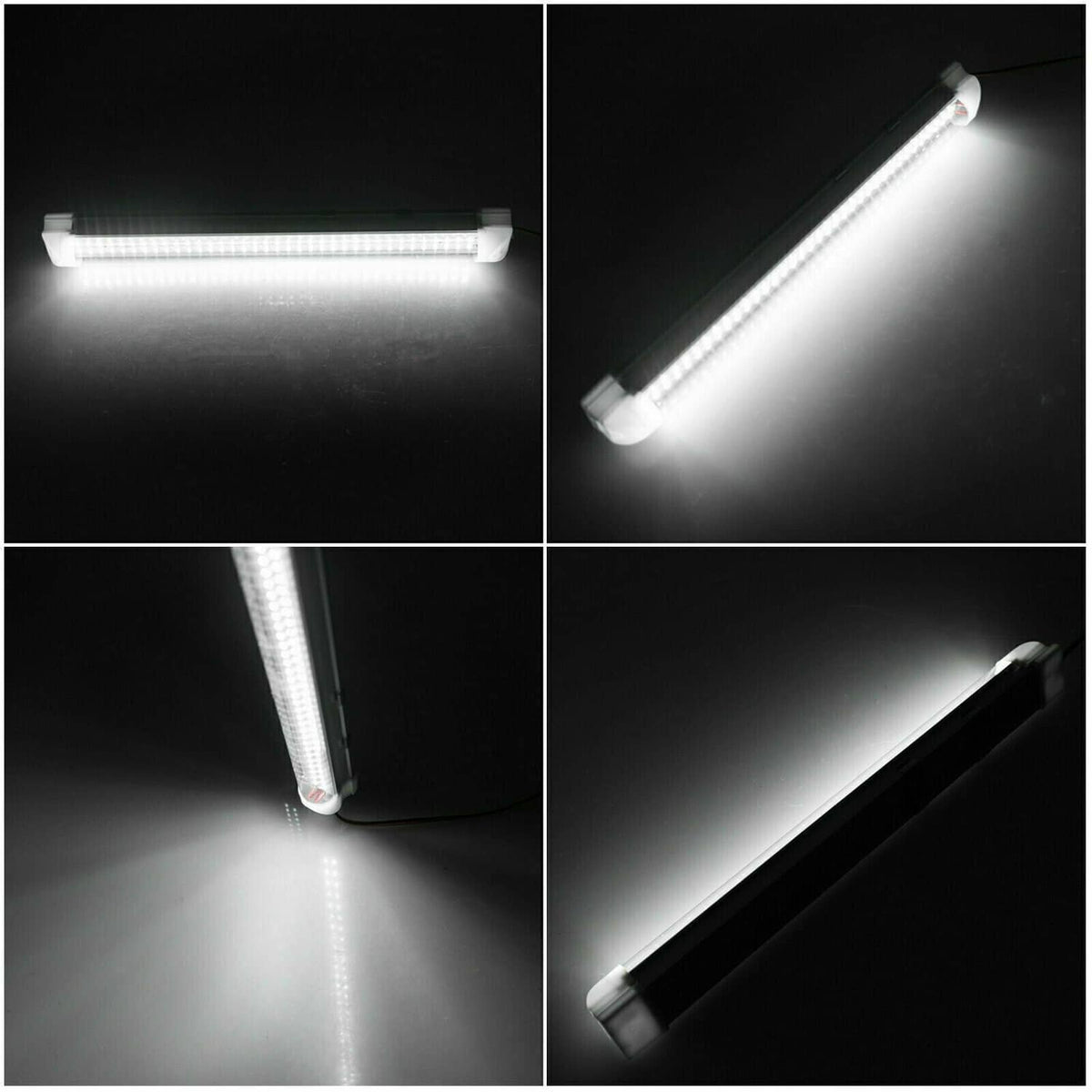 White LED light bar glowing, shown from multiple angles in close-up