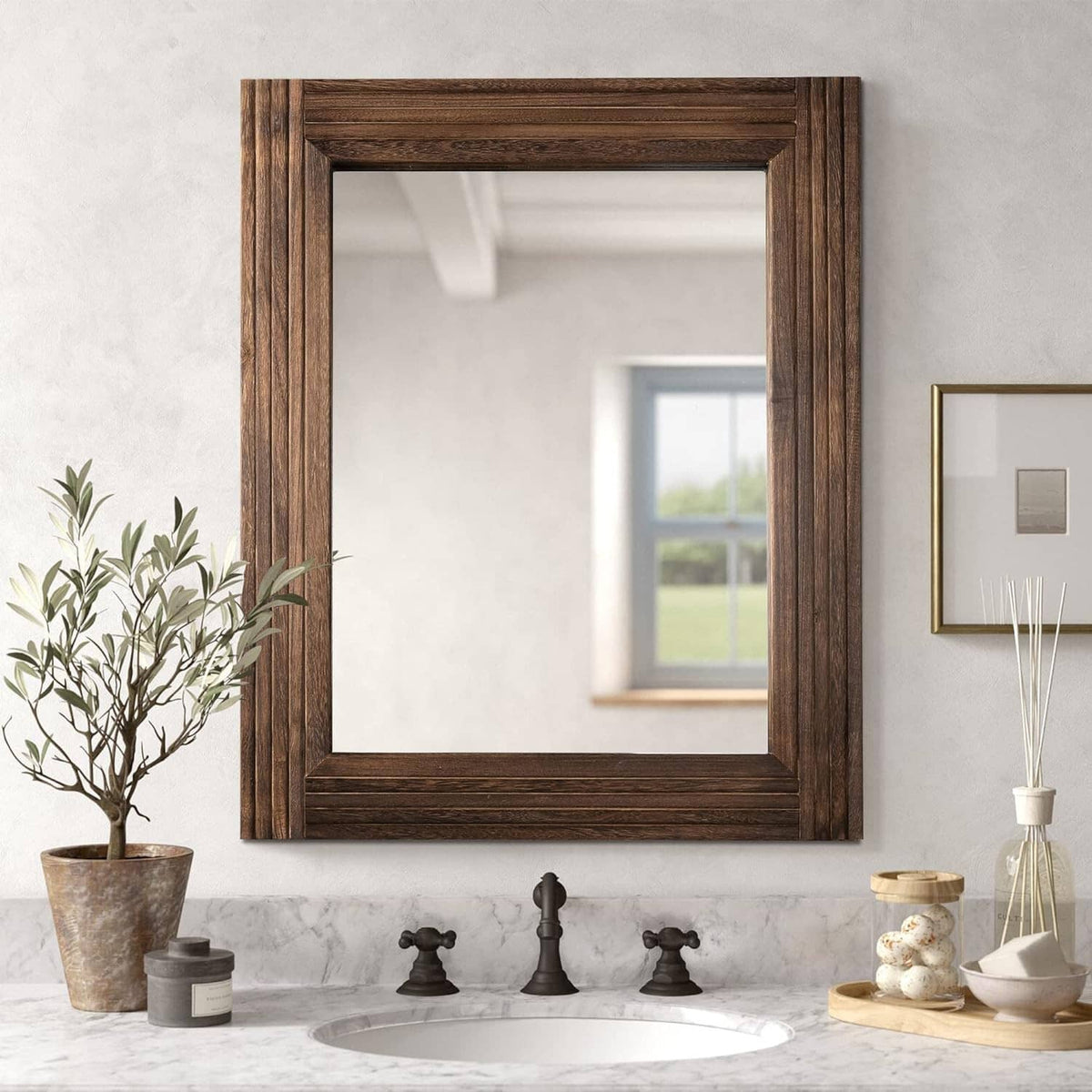 Rustic rectangular wooden wall mirror with dark brown spliced frame, clear glass reflection.