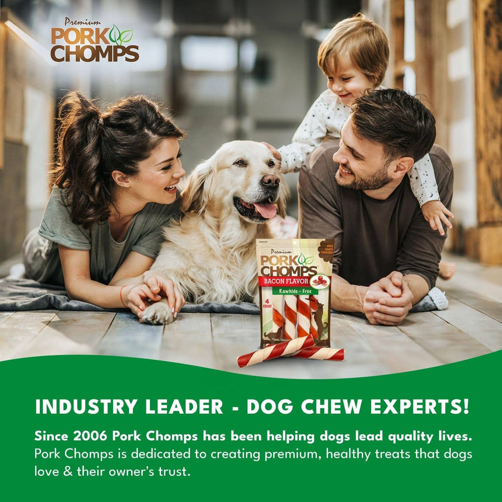 Premium pork skin dog chews pack with family and dog, bacon flavor, 4 count