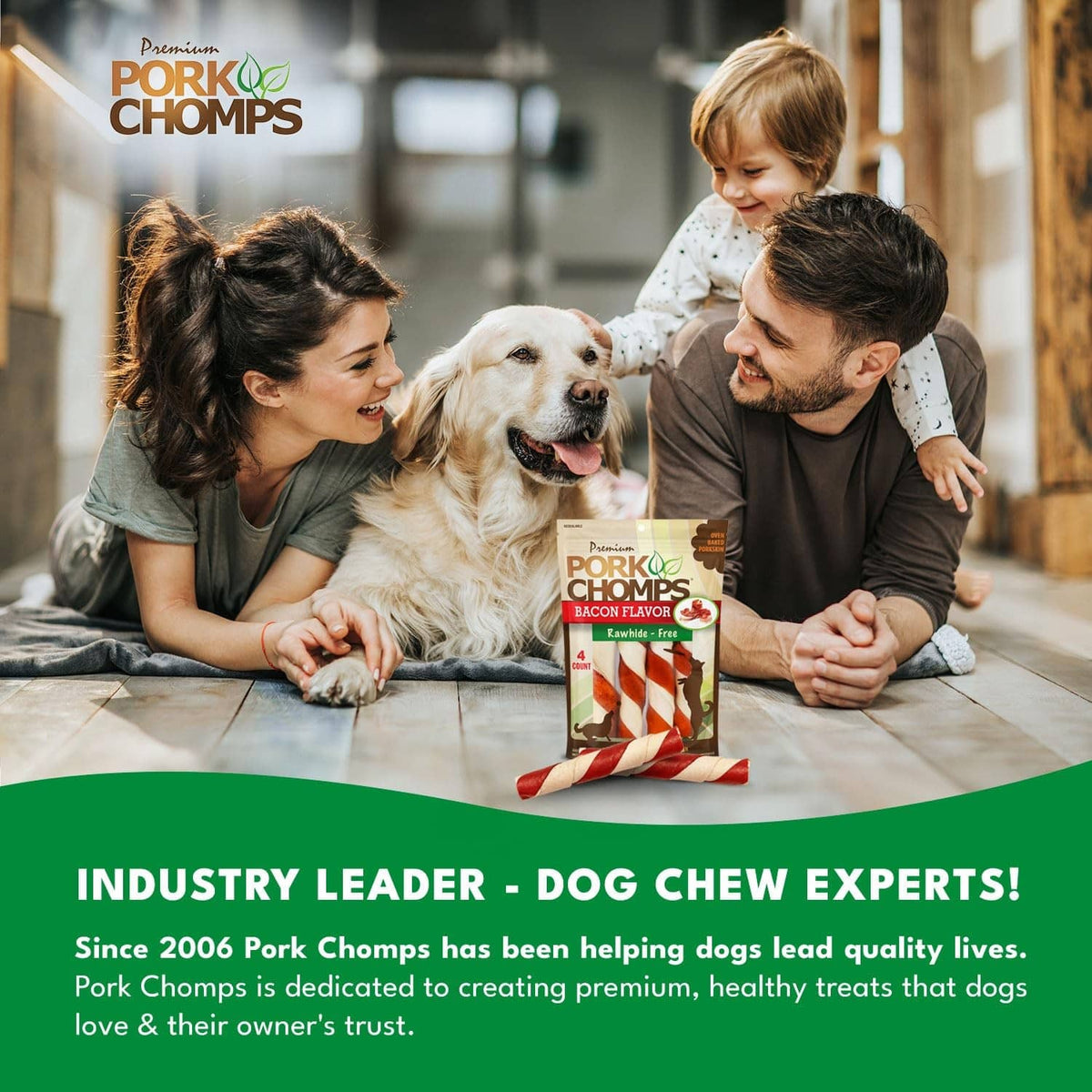 Premium pork skin dog chews pack with family and dog, bacon flavor, 4 count