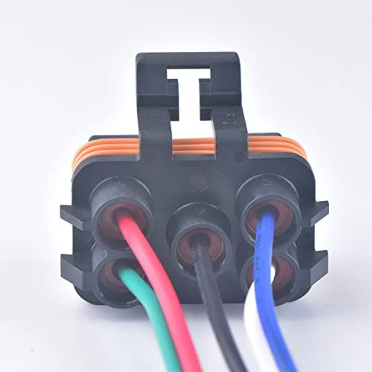 Close-up 5-pin female waterproof connector plug with orange housing and colored wire terminals