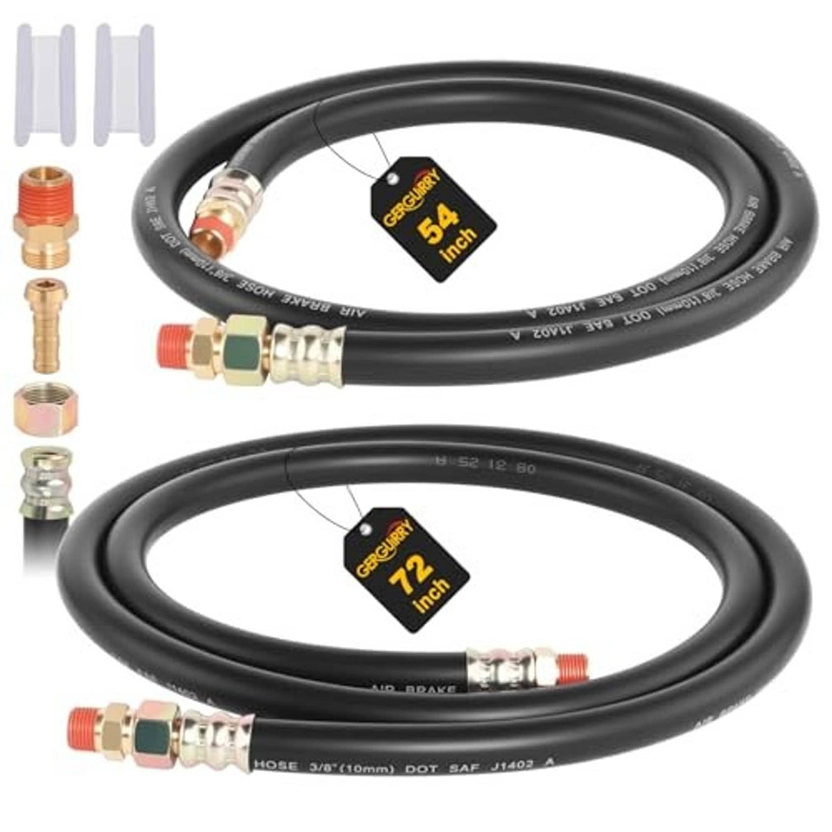 2-pack air brake hose kit with black rubber hoses and brass end fittings, close-up couplings