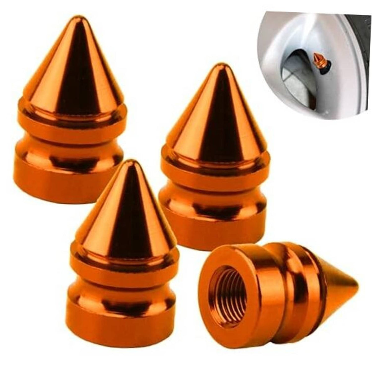 Set of four orange spiked aluminum tire valve caps, cone shape with threaded tops