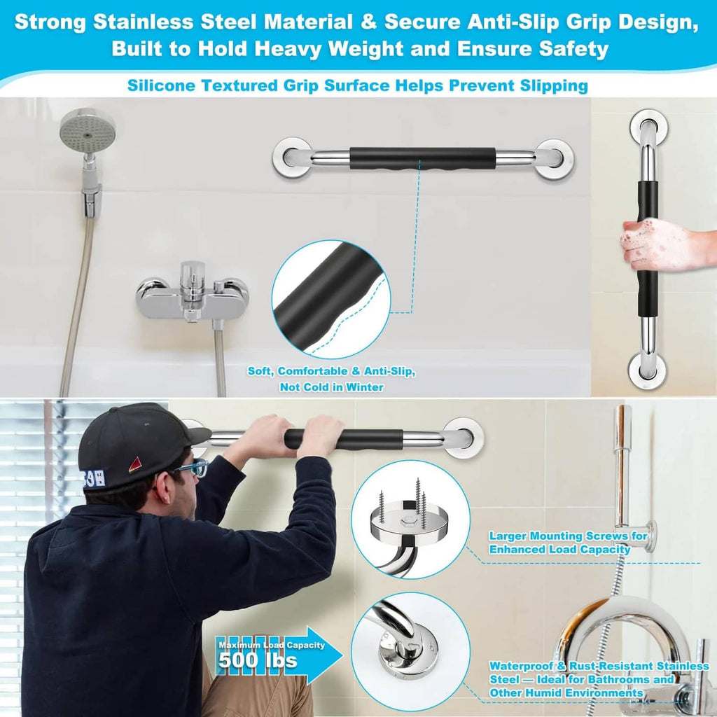 Anti-slip grab bar with silicone-textured black grip and chrome end mounting rings