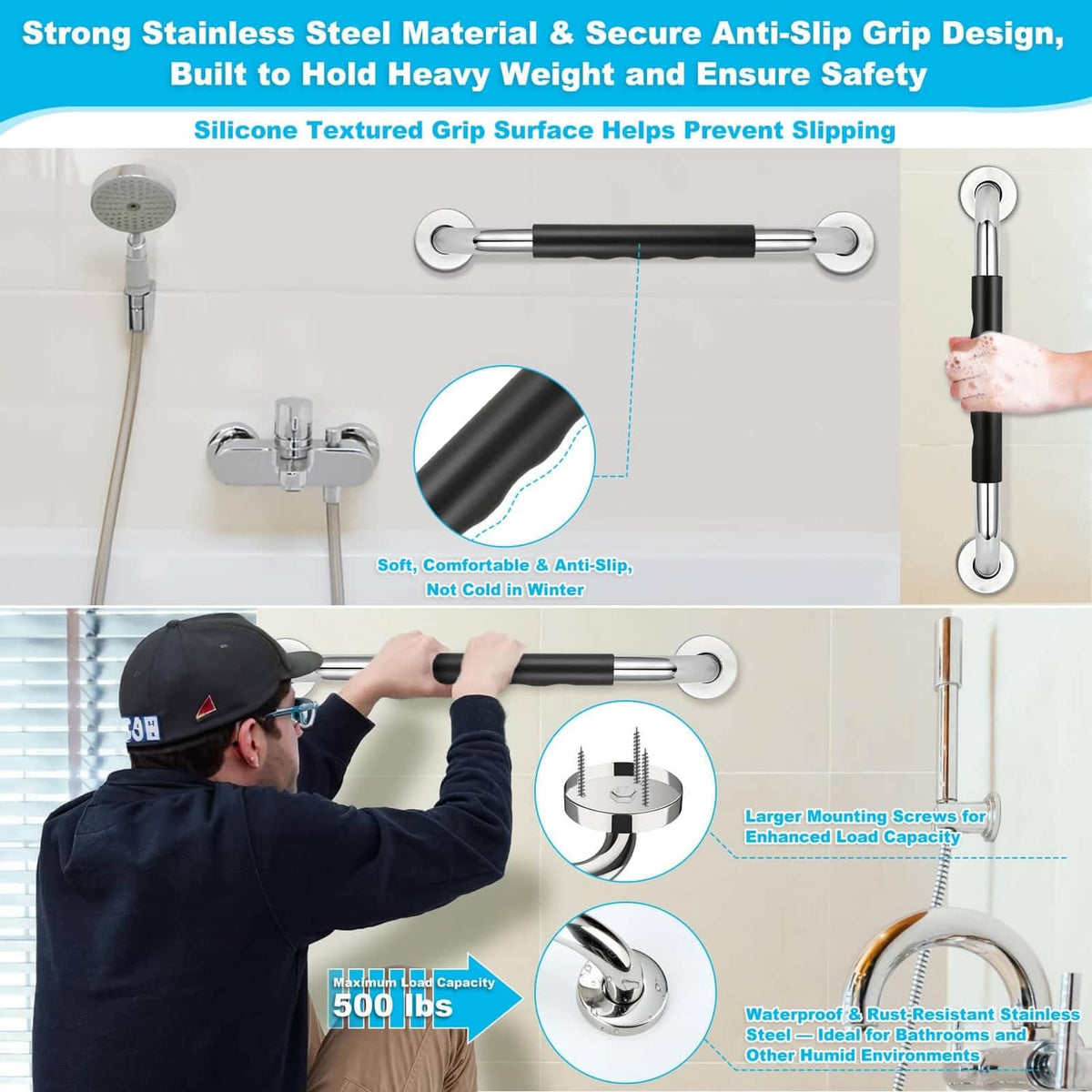 Anti-slip grab bar with silicone-textured black grip and chrome end mounting rings