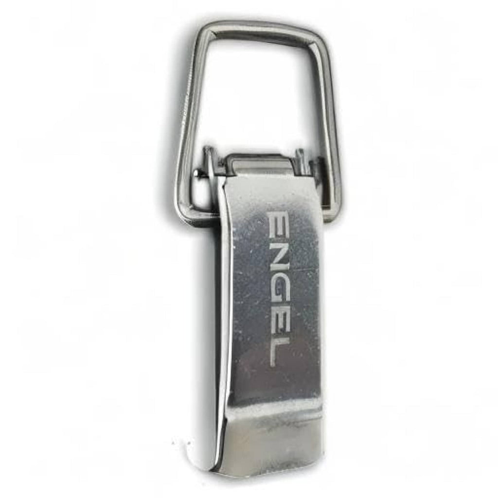 Stainless steel latch with engraved Engel text and arched pull